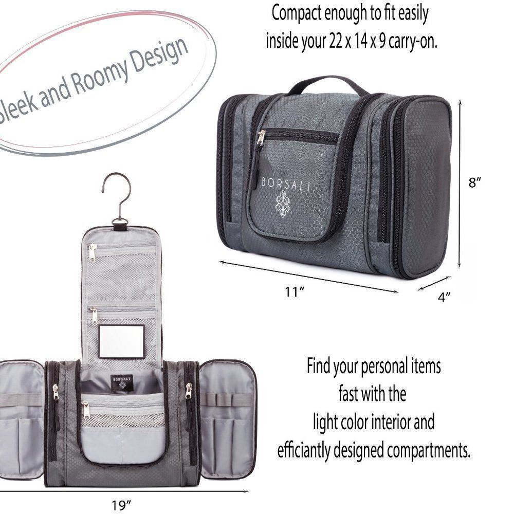 Borsali Gray Hanging Toiletry Bag Travel Organizer Mirror NWT - Picture 4 of 13